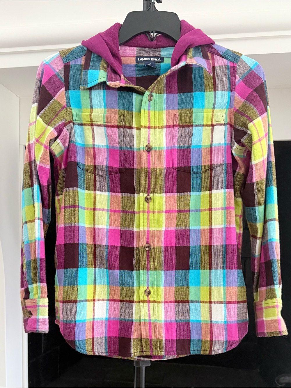 Lands' End Kids Multicolor Plaid Button-Down Shirt with Hood - Pink, Green, Blue